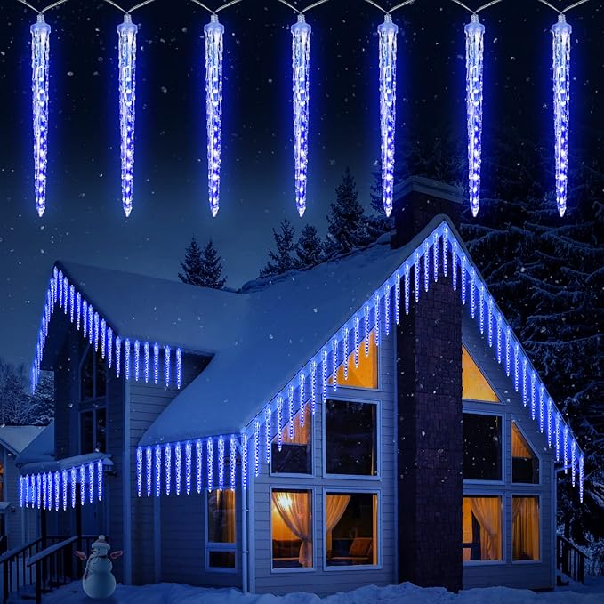 Icicle Lights Outdoor, 19.8Ft Meteor Shower Lights with 20 Tubes, Snowfall Shooting Star Light Effect, Falling Cascading Crystal Christmas Decorations for House, Eave, Roofline, Patio, Blue