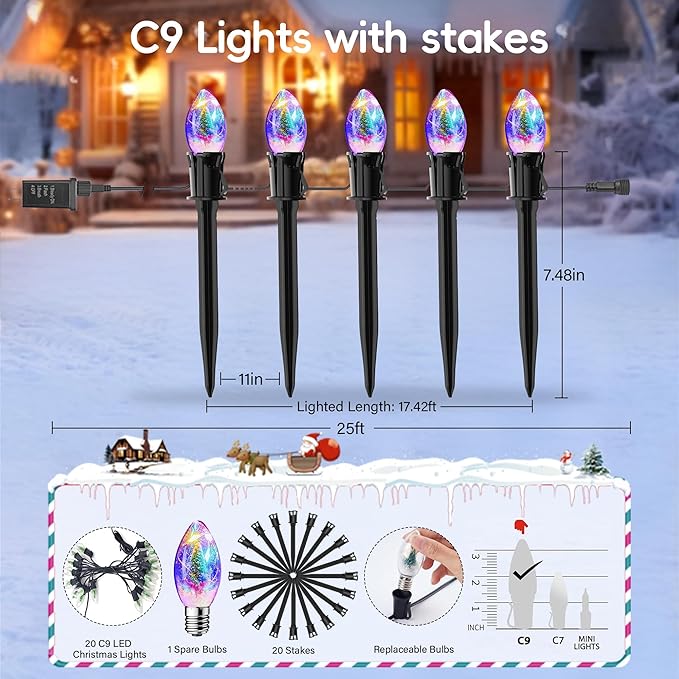 Upgraded 25FT C9 Christmas Pathway Lights Outdoor, 20 LED Bulbs with Stakes, Extendable Waterproof Christmas Lights for Walkway Driveway House Garden Decorations - Multicolor