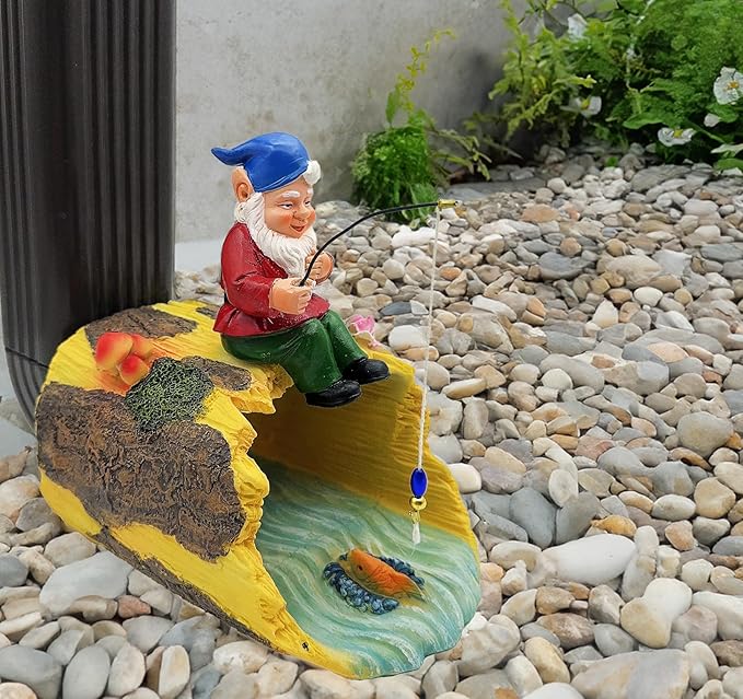 Gnome Fishing 3" x 4" Gutter Downspout Splash Block Decor, Outdoor Garden Animal Statue & Sculpture, Weather-Resistant Gutter Diverter Rain, Decorative Gutter Extension Downspout Ornament