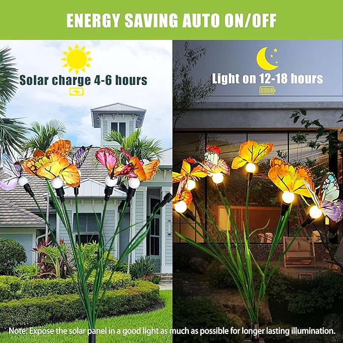Flumy 2 Pack Solar Firefly Lights + 2 Pack Solar Butterfly Lights for Yard, Patio, Pathway, Lawn, Walkway, Camping, Pool, Solar Ground Lights Walkway Lights Deck Lights