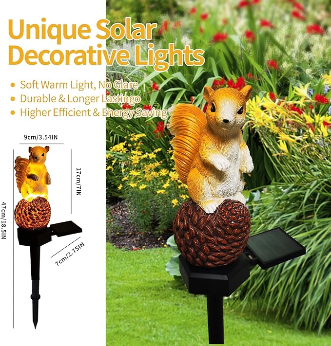 QH & Garden 2-Pack Squirrel and Turtle Garden Statues Decor，LED Waterproof Animals Lights for Garden, Balcony, Yard, Lawn, Pathway, Walkway - Garden Solar Powered Outdoor Decor