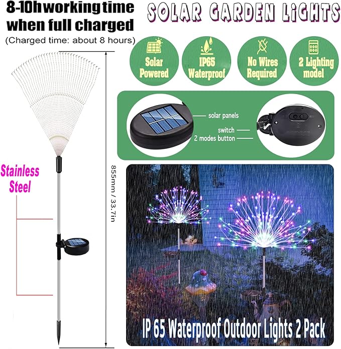 Upgrade Solar Garden Firework Lights Outdoor Decor Weatherproof 2 Pack with ROHS CE Certified,120 LED Solar Sparklers Fireworks SticksFairy Stake Lights,for Yard Pathway Flowerbed Decor (Colorful)