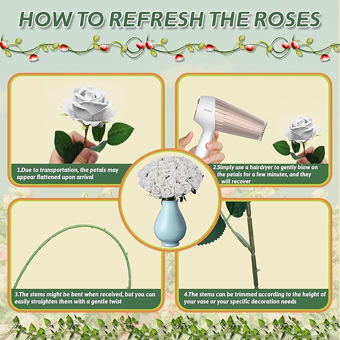 50 PCS Fake White Roses, Artificial White Flowers Bulk Realistic Silk Faux Roses with Stems for Wedding Decorations Table Centerpieces Bridal Bouquet DIY Floral Arrangement Event Party Home Decor