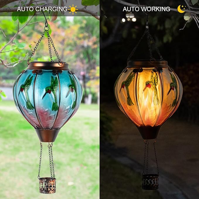 Hummingbird Hot Air Balloon Hanging Solar Lantern Lights, Flickering Flame Solar LED Candle Lights Outdoor Garden Decorative Metal & Glass Waterproof Lanterns for Yard Patio Farmhouse Decoration