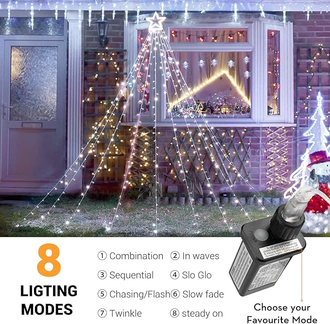 Toodour Christmas Decorations Outdoor Star Lights, 317 LED 10ft X 9 Waterfall Tree Lights with 12" Topper Star, 8 Lighting Modes Outside Christmas Lights for Yard Garden Holiday Decor (White)