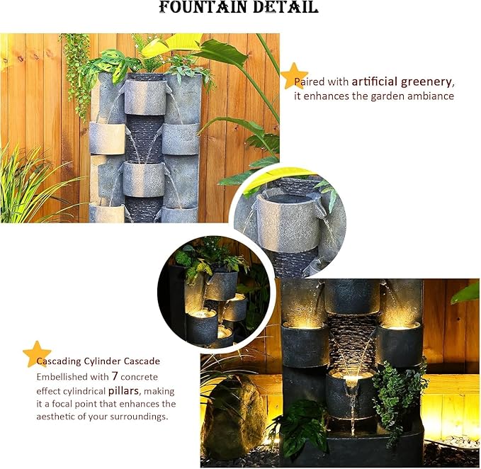 45" H Outdoor Water Fountain Garden - Large Cascading Waterfall Freestanding Fountains Water Feature with Lights for Patio Backyard Deck Porch and Home Decor, Concrete Artistry Style, Gray