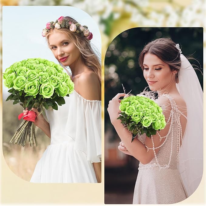 36 Pcs Silk Green Rose Bouquet Bridal Artificial Flowers,Fake Rose Long Stem Realistic Flowers Bulk for Wedding Bouquet Ball Arrangement Centerpiece Party Decor