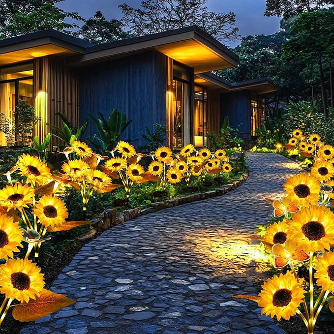 Solar Flower Lights Outdoor Garden Decor, FabStyl 2 Pack Sunflower Decor with 4 Butterfly, Solar Garden Lights Outdoor Waterproof Decorative for Pathway, Yard, Patio, Gifts for Mom Women