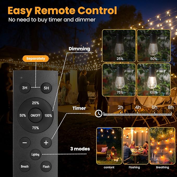 104FT(98+6) Solar String Lights Outdoor Waterproof, Solar Powered Patio Light with 30+2 Dimmable S14 Edison Bulbs Shatterproof & Remote Control, Solar String Lights for Outside Garden Backyard