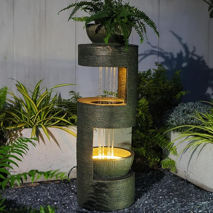 37.8" Outdoor Fountain with Waterfall & LED Lights, Freestanding Garden Water Fountain for Patio/Backyard, Resin Tiered Fountain with Pump