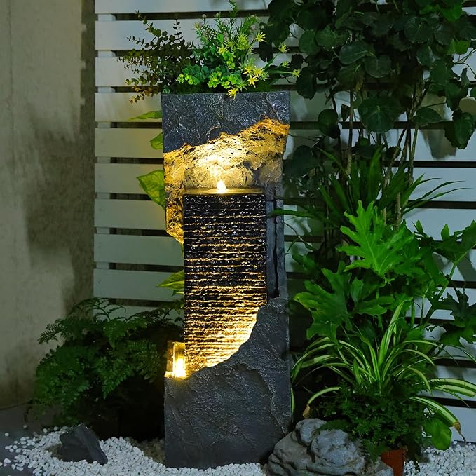 Water Fountain Outdoor Garden 35.4" H Modern Outdoor Fountains and Waterfalls with Lights Flooring Standing Indoor Water Fountains for Garden, Patio, Deck, Backyard, Porch and Home Art Decor