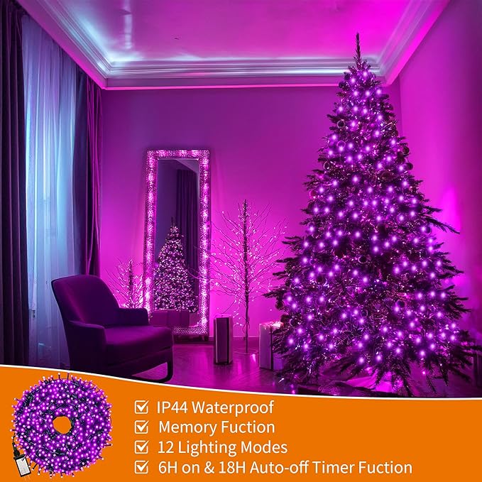 200 LEDs 73ft Green Cable Wire Low Voltage Fairy String Tree Twinkle Lights 12 Modes for Christmas Party, Halloween, Outdoor, Garden, Wedding, Home Decoration (Purple)