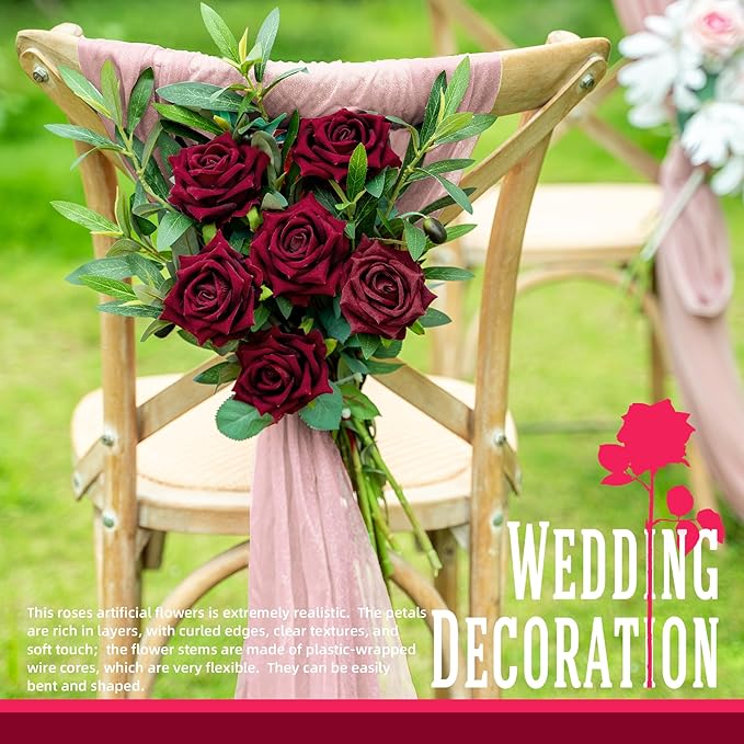 Fake Roses Faux Flowers Silk Roses Artificial Roses with Stems 16.5In Realistic Artificial Flowers Suitable for Indoor Home Decoration Diy Bouquet Wedding Decor Party Decor 12PCS(Black red)