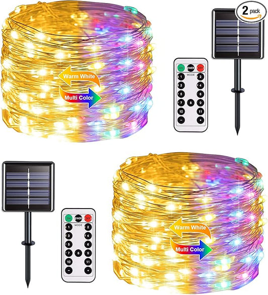 JMEXSUSS 2 Pack Solar Christmas Lights Outdoor Waterproof, 100 LED 33ft Warm White and Multicolor Color Changing Solar Fairy Lights, Copper Wire Solar String Lights for Outside Christmas Decorations
