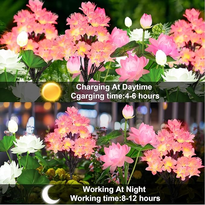4pack Solar Flower Lights Outdoor Waterproof IP65,Solar Lotus &Peachblossom Garden Decorative Lights Led Flowers Decor Auto On/Off Bright Up to 12Hrs