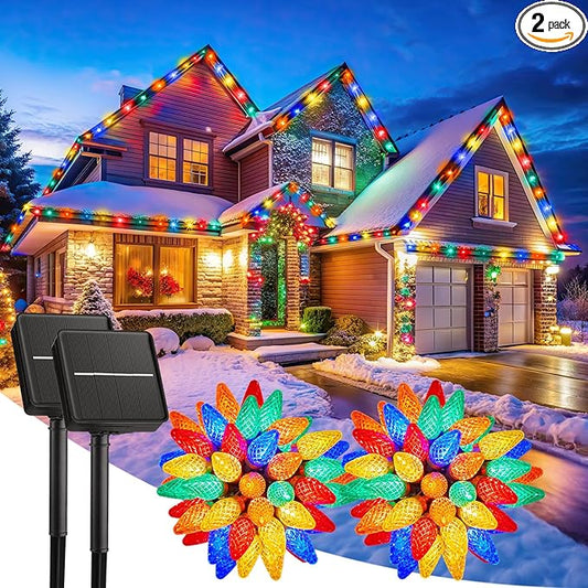 Solar Christmas Lights Outdoor, 2 Pack 50 LED C9 Strawberry String With Timer & 8 Modes, Waterproof Solar Christmas Tree for Outside Garden Patio Party Decor, Multicolor