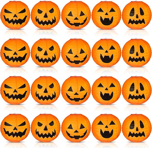 Retisee 20 Pcs 8 Inch Halloween Pumpkin Paper Lantern Halloween Jack O Lantern Paper Lantern Orange Pumpkin Lantern for Halloween Party Halloween Pumpkin Hanging Paper Lantern for Indoor Outdoor Decor