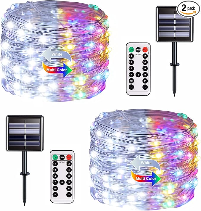 JMEXSUSS 2 Pack Solar Christmas Lights Outdoor Waterproof, 100 LED 33ft White and Multicolor Color Changing Solar Fairy Lights, Copper Wire Solar String Lights for Outside Yard Christmas Decorations
