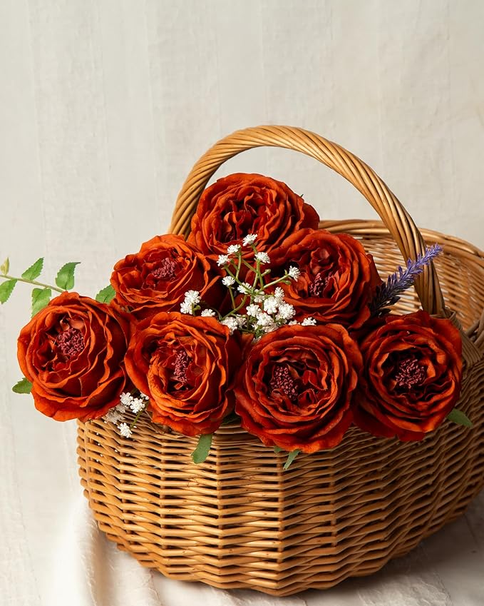 DuHouse 5Pcs Silk Roses Fake Burnt Orange Roses with Stems Real Touch Rose Artificial Flowers for Arrangement Wedding Party Home Decoration