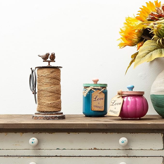 SOFFEE DESIGN Vintage Jute Twine Holder with Scissors for Garden Farmhouse Kitchen Counter Antique Twine Set Birds Rustic Black