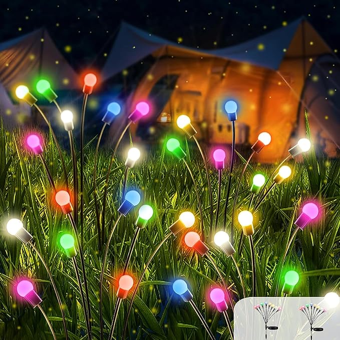 Solar Firefly Lights 2 Pack 16 LED Lights 2 Lighting Modes for Garden,Patio and Yard Solar-Powered LED Lights (Multi-Colored, 2)