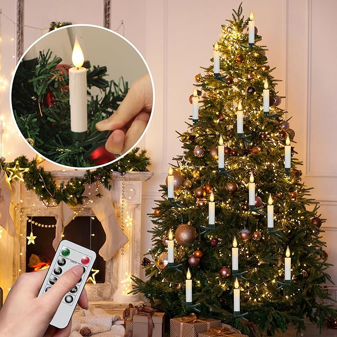 DRomance Christmas Tree Flameless Taper Candle Lights Battery Operated with 10-Key Remote and Timer, 30 Pack Plastic 3D Wick Flickering LED Taper Candles Multi-Using Home Garden Holiday Decor 3.4"