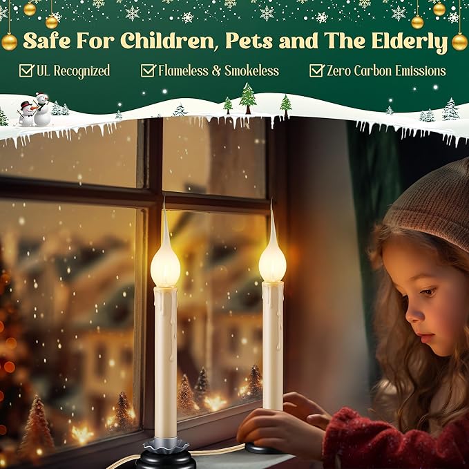 Enhon 4 Pack Rustic Country Candle Lights with Replacement Silicone Bulb, C7 0.6W Electric LED Christmas Window Candles Plug in, UL Certification Warm White Candlestick Lamp, 5 FT Cord, On/Off Switch