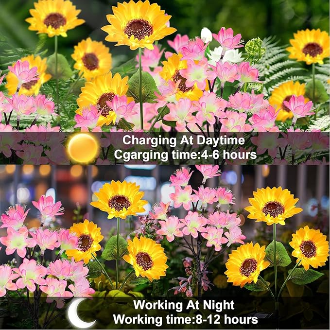 4 Pack Flower Solar Lights Outdoor Waterproof IP 65, Solar Sunflowers Peachblossom Lights Garden Decorative Yard Patio Landscape Stake Lights