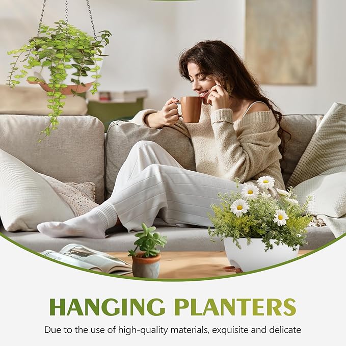 GARDIFE Hanging Planters for Indoor Outdoor Plants, 2 Pack Self Watering Hanging Pot with Drainage Holes & Removable Tray (White, 10 inch)