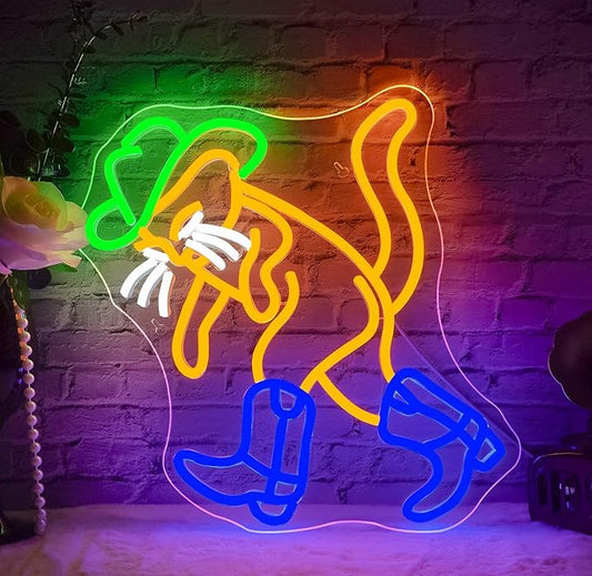 WLHOPE Cowboy Cat Neon Sign Neon Signs for Wall Decor Dimmable Cat Neon Lights Cowboy Hat Boot LED Sign for Bedroom Home Bar Club Party Western Decor