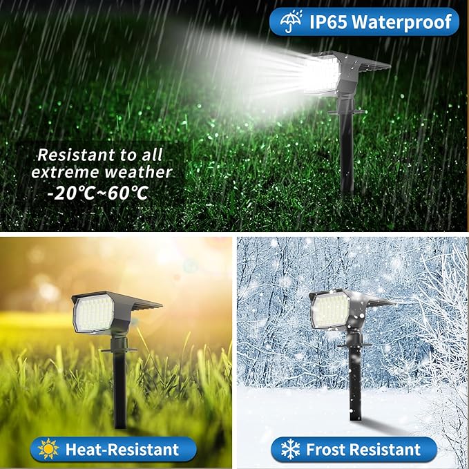 Solar Spot Lights Outdoor Waterproof IP65, 2 Pack Landscape Spotlights with 46 LEDs, 3 Modes Auto On/Off Solar Powered Flood Lights for Outside Pathway, Yard, Garden, Walkway (Cool White)