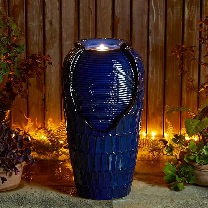 Glitzhome 28.25" H Oversized Ceramic Petals Textured Jar Outdoor Water Fountain, Vintage Cobalt Blue Glaze Vase Patio Garden Waterfall Fountain with LED Light and Submersible Pump