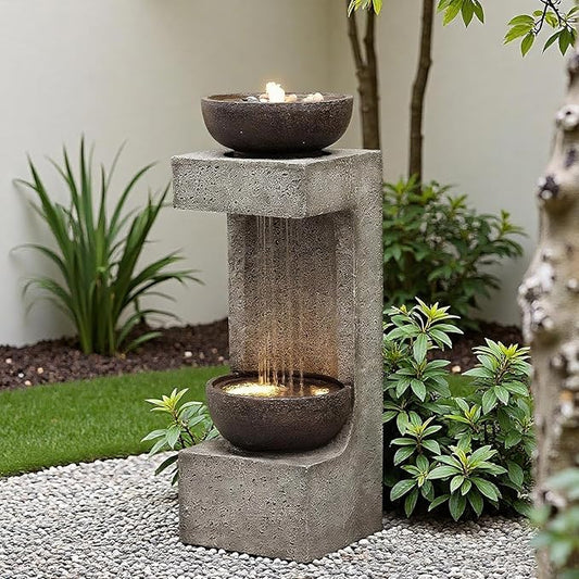 33.9" Waterfall Fountain Outdoor with LED Lights – Modern Rain Curtain Resin Garden Waterfall and Fountains, Bowl Design Outdoor Water Feature for Patio, Porch, Backyard, Lawn & Home Decor