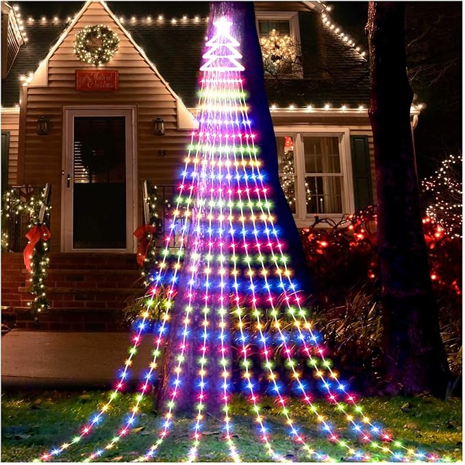 Outdoor Christmas Decorations Star String Lights 420 LED Waterproof Waterfall Lights with Christmas Tree Topper, Gorrzai 8 Lighting Modes Tree for Yard Patio Garden Party (Multi-Colored)