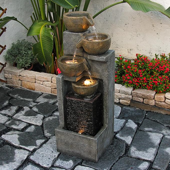YZM 5-Tier Water Fountain Outdoor Garden Waterfall Fountains Indoor Bowl Cascading Water Feature with Led Lights for Home Deck Patio Porch Yard Decor 37.4" H