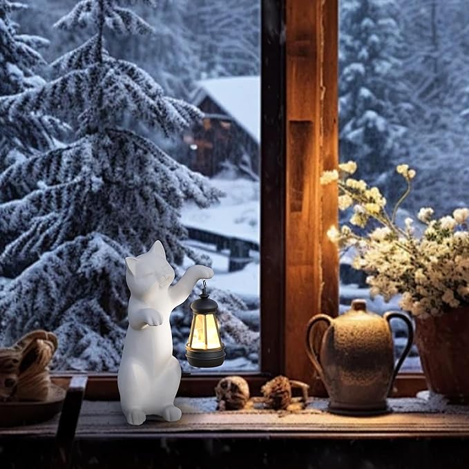 Solar Powered Garden Resin Statue Lights, 10 Inch Waterproof Outdoor Animal Cute Cat Figurine Lights, Suitable for Patios, Balconies, Lawns, Courtyards, Etc (Hand)