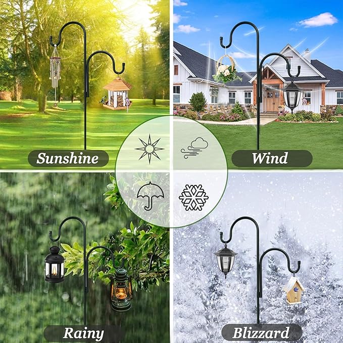 Double Shepherds Hooks for Outdoor, Bird Feeder Pole with 5 Prongs Base, Heavy Duty Garden Hook for Lantern, Wind Chime and Hummingbird Feeder, 45 Inch, 1 Pack