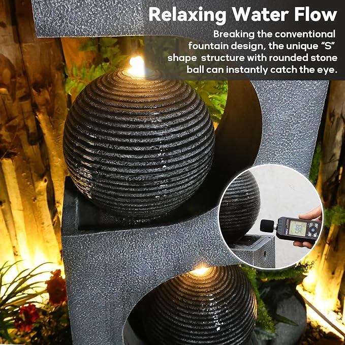 46''H Outdoor Water Fountain with LED Light, Modern Sphere Floor Waterfalls Fountains Indoor for Garden Patio Yard Deck Home Decor Lawn Porch House