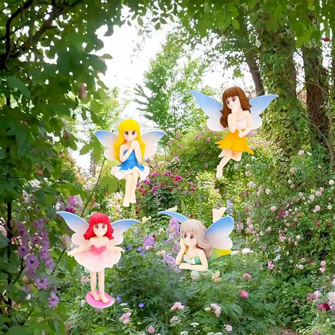ONEST 4 Pieces Miniature Fairy Garden Accessories Small Fairy Figurines Hand Painted Fairy Figures Girl Fly Wing Figurines for Car Decor Fairy Garden Flower Pot Birthday Cake Topper