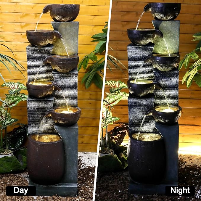 53.5in High Outdoor Indoor Water Fountain, 6-Tiered Poly-Resin Waterfall Fountain with LED Lights, Decorative Floor Standing Fountain for Garden, Patio, Yard, Home Decor