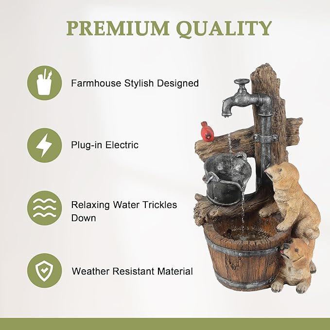 LuxenHome Water Fountain Outdoor, 30" Rustic Outdoor Water Fountain with LED Lights, Rustic Barrel Puppy and Pump Water Feature Outdoor, Garden Fountains Outdoor Patio, Porch, or Indoor Entryway