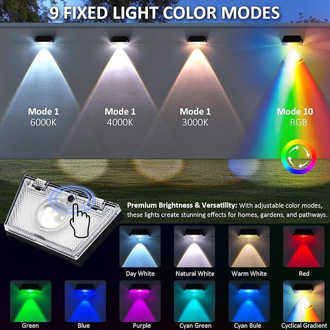Solar Fence Lights Outdoor - Warm White & RGB 6 Color, Dusk to Dawn Deck Lights, IP65 Waterproof Solar Outdoor Lights for Fence/Backyard/Railing/Step/Patio/Wall (6 Pack)