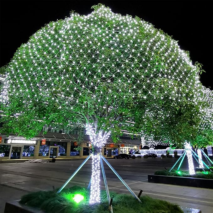 LJLNION Christmas Net Lights, 360 LED 12ft x 5ft Connectable Mesh Fairy String Lights, 8 Modes Low Voltage Safe Adaptor for Xmas Trees, Bushes, Wedding, Outdoor Holiday Garden Decorations, Cool White