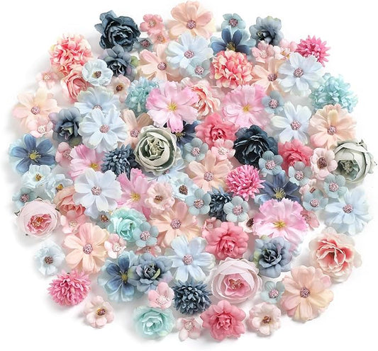 Faux Flower Heads Small Silk Artificial Flower DIY Fake Mini Flowers Rose Daisy Flowers Craft Supplies for Wedding Party Wreath Graduation Season Party Home Decor (125, Blue Pink)