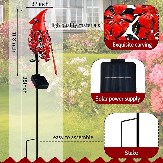 VIHOSE 2 Pcs Cardinal Gift Decor Cardinal Solar Lights for Outside Garden Stake Metal Red Bird Solar Lights Gift Outdoor Stake Grave Patio Yard Lawn Porch Cemetery Decoration for Mom Grandma Women