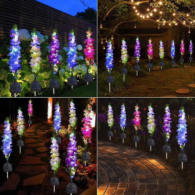Solar Garden Lights, Solar Delphinium Flowers Lights 4 Pack 80 LEDs, Waterproof Solar Outdoor Lights Two Lighting Modes for Outside Wedding Party Garden Yard Patio Lawn Decor