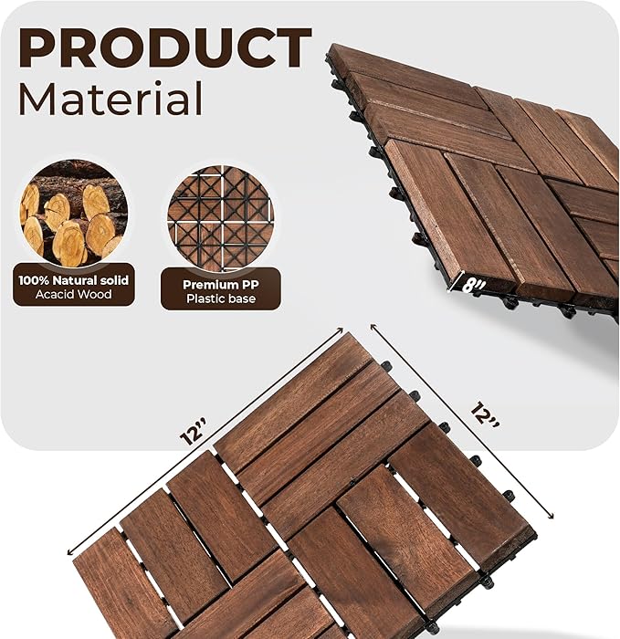 Pack of 10 Deck Tiles - 12"x12" Interlocking Natural Solid Acacia Wood for Outdoor & Indoor, Patio Garden, Balcony, Poolside - Dark Brown Color