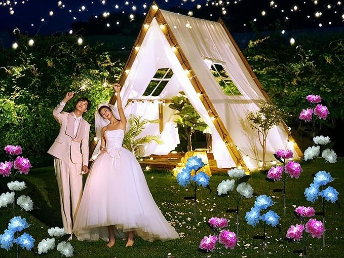 RAYLIDA Solar Lights Outdoor Decorative - 3 Pack Hydrangea Solar Garden Stake Lights, Multicolor, 10"L x 10"W x 27.5"H