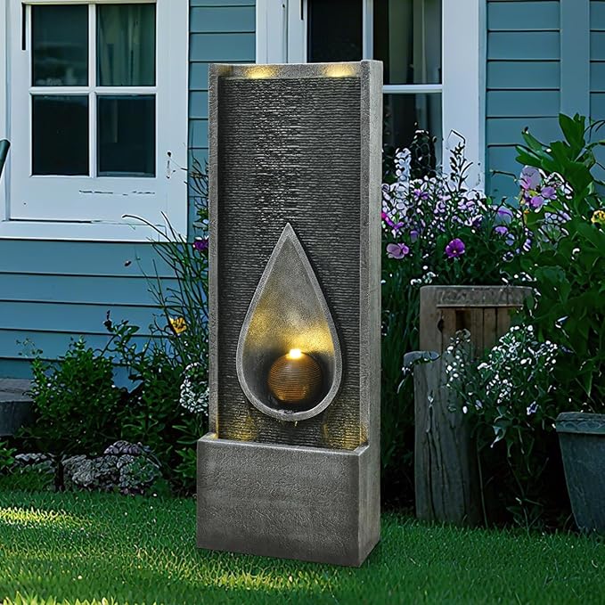Water Fountain Indoor Outdoor, 53.14inch Modern Cascading Waterfall Feature with LED Lights, Tall Floor Standing Fountain for Garden, Deck, Patio, Porch, Yard Decor (53)