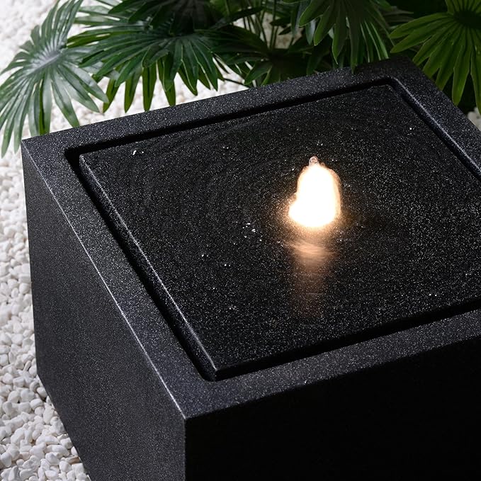 12.79” H Outdoor Water Fountain Made with Eco-Friendly Recyclable Materials, Polyethylene Square Bubbler Outdoor Fountain, Garden Decor with LED Light for Patio, Porch, Backyard